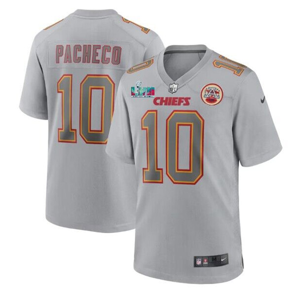 Men??s Kansas City Chiefs #10 Isiah Pacheco Gray With Left A Patch Right Super Bowl LVII Patch Atmosphere Fashion Stitched Game Jersey